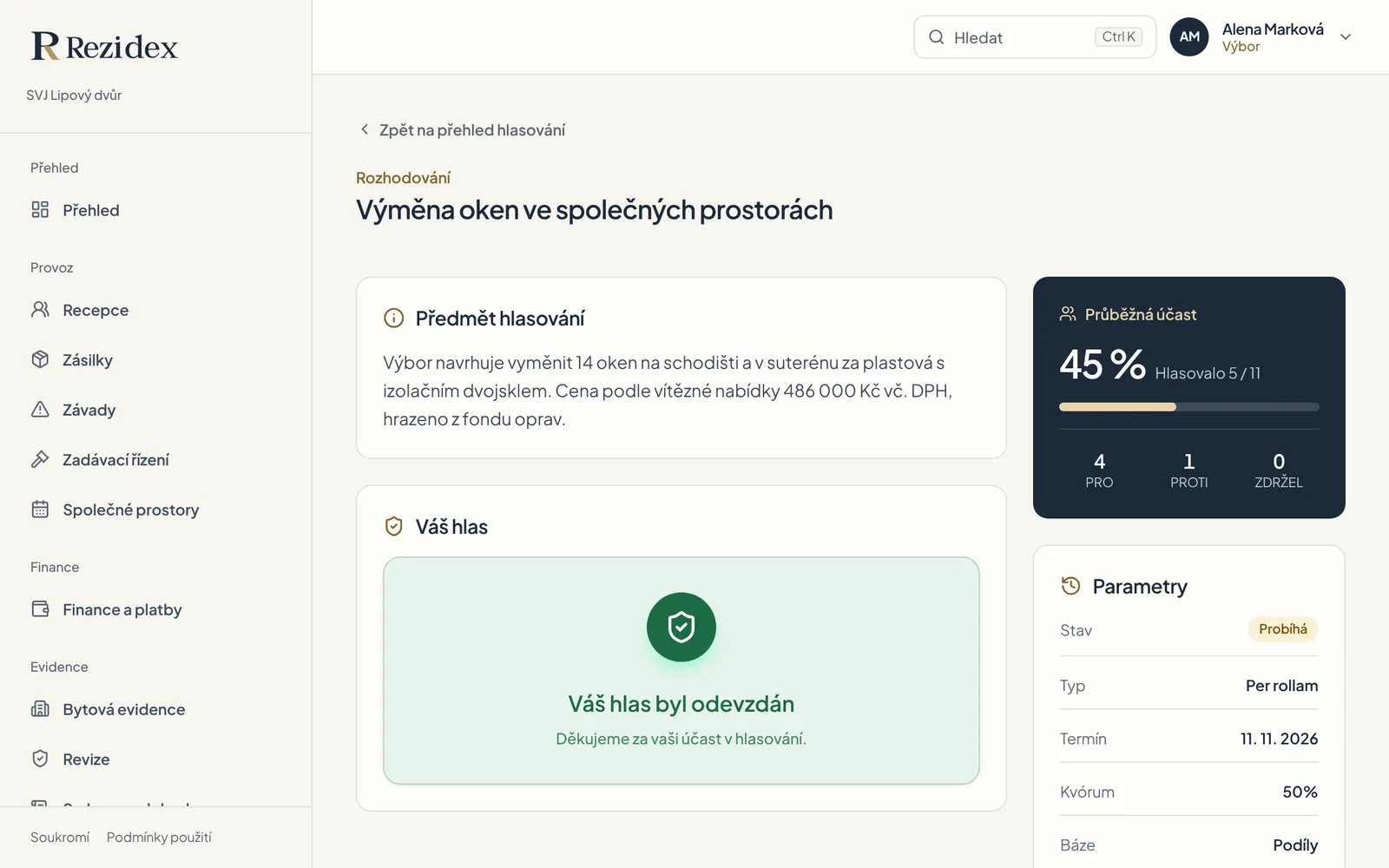 Detail hlasování per rollam o výměně oken s průběžnou účastí 45 %