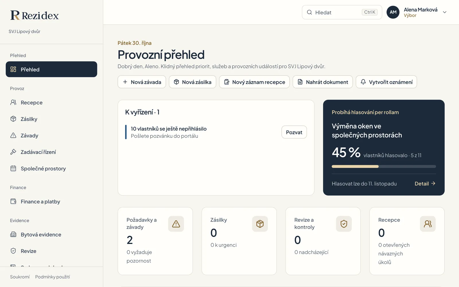 Přehled výboru SVJ Lipový dvůr s probíhajícím hlasováním a otevřenými závadami