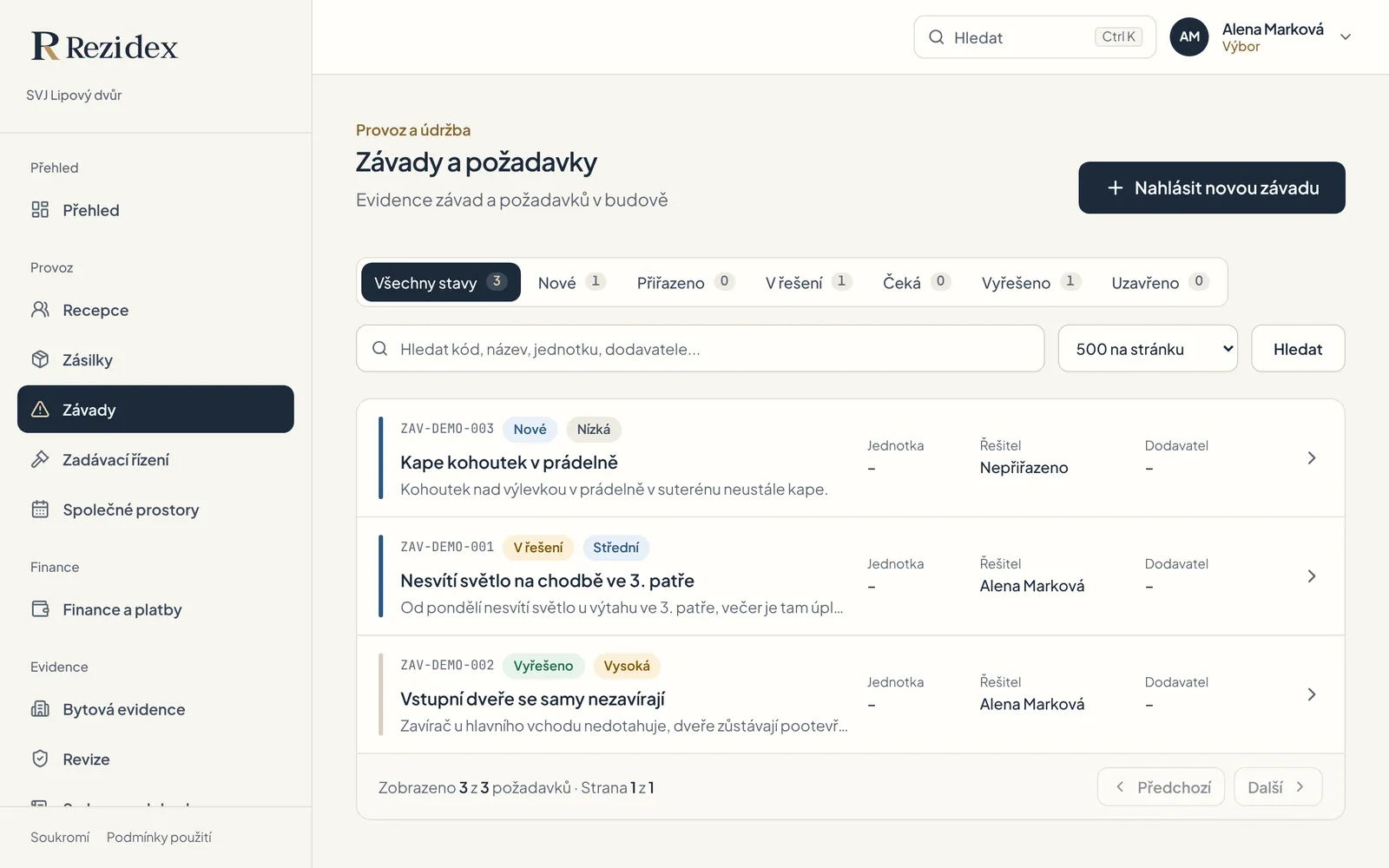 Seznam závad se stavy Nové, V řešení a Vyřešeno